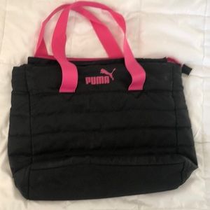 Puma black with hot pink handles, lettering and interior tote or small gym bag.